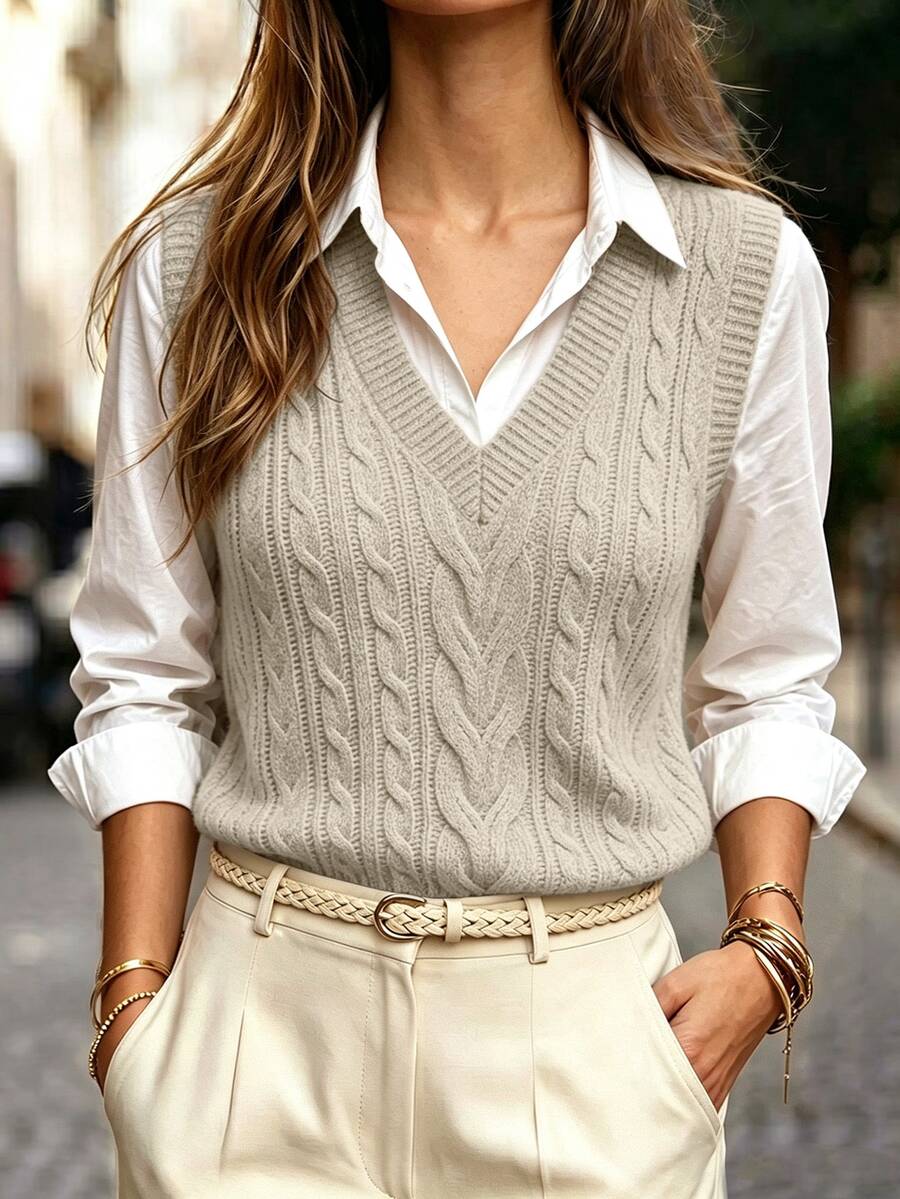 Winifred Classic Cable Knit V-Neck Sleeveless Sweater Vest - Stone