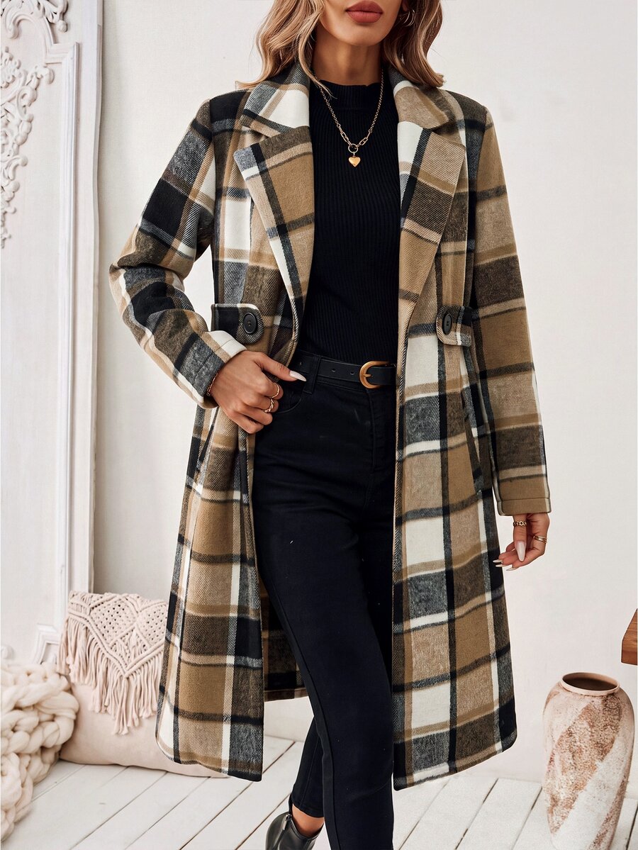Josephine Belted Notched Collar Double-Breasted Long Coat - Cream Plaid