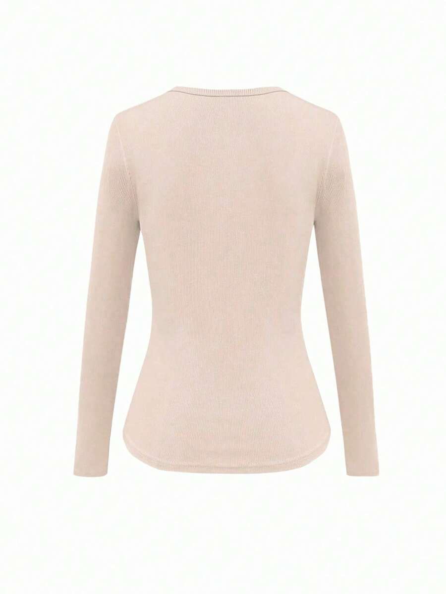 Siena Deep V Neck Ribbed Knit Long Sleeve Fitted Top