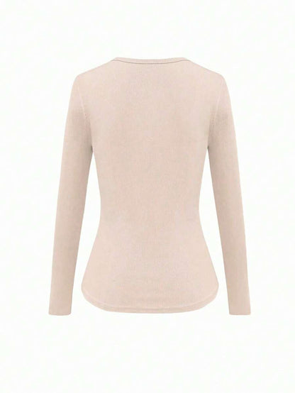 Siena Deep V Neck Ribbed Knit Long Sleeve Fitted Top