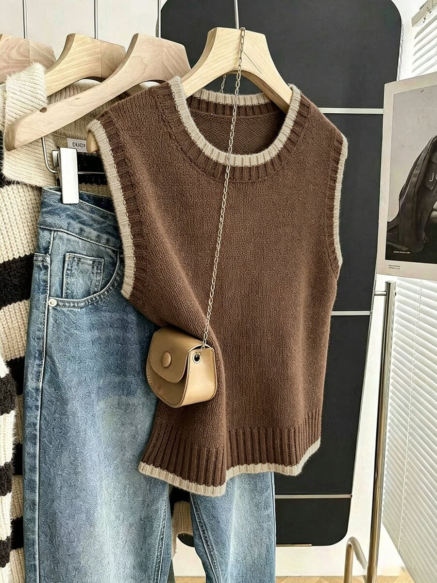 Beatrice Contrast Trim Sleeveless Knit Sweater Vest - Chocolate with Cream Trim