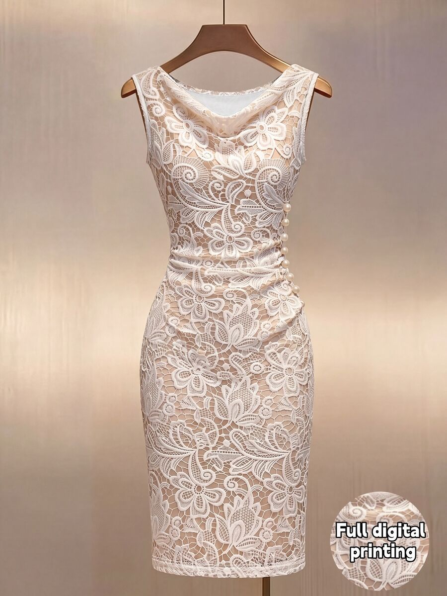 Women's Satin Cowl Neck Midi Dress, Ruched Silky Dress for Wedding Guest and Evening - Apricot