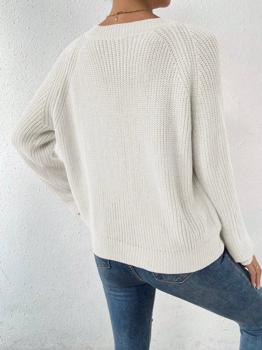 Aarhus V Neck Raglan Sleeve Ribbed Knit Sweater