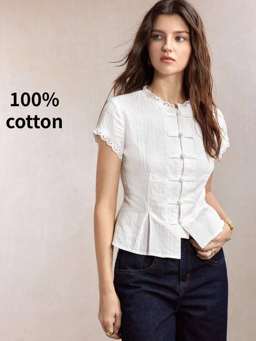 Mirabel Lace Trim Frog Button Short Sleeve Cotton Blouse - White