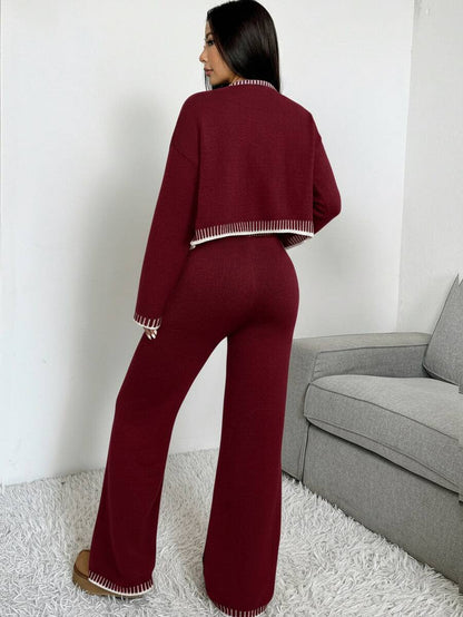 Domenica Contrast Trim Cropped Cardigan and Knit Pants Set - Black