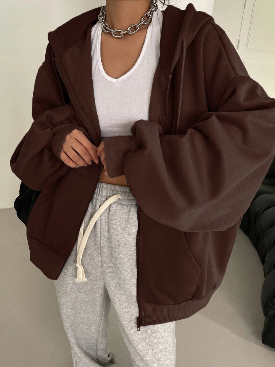 Eleanor Thermal Lined Zip Drawstring Hoodie - Mocha Brown