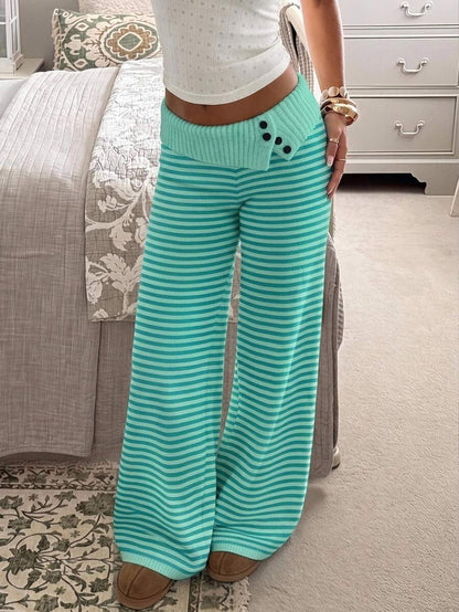 Rosalba Ribbed Knit Fold-Over Waist Flare Pants - Khaki