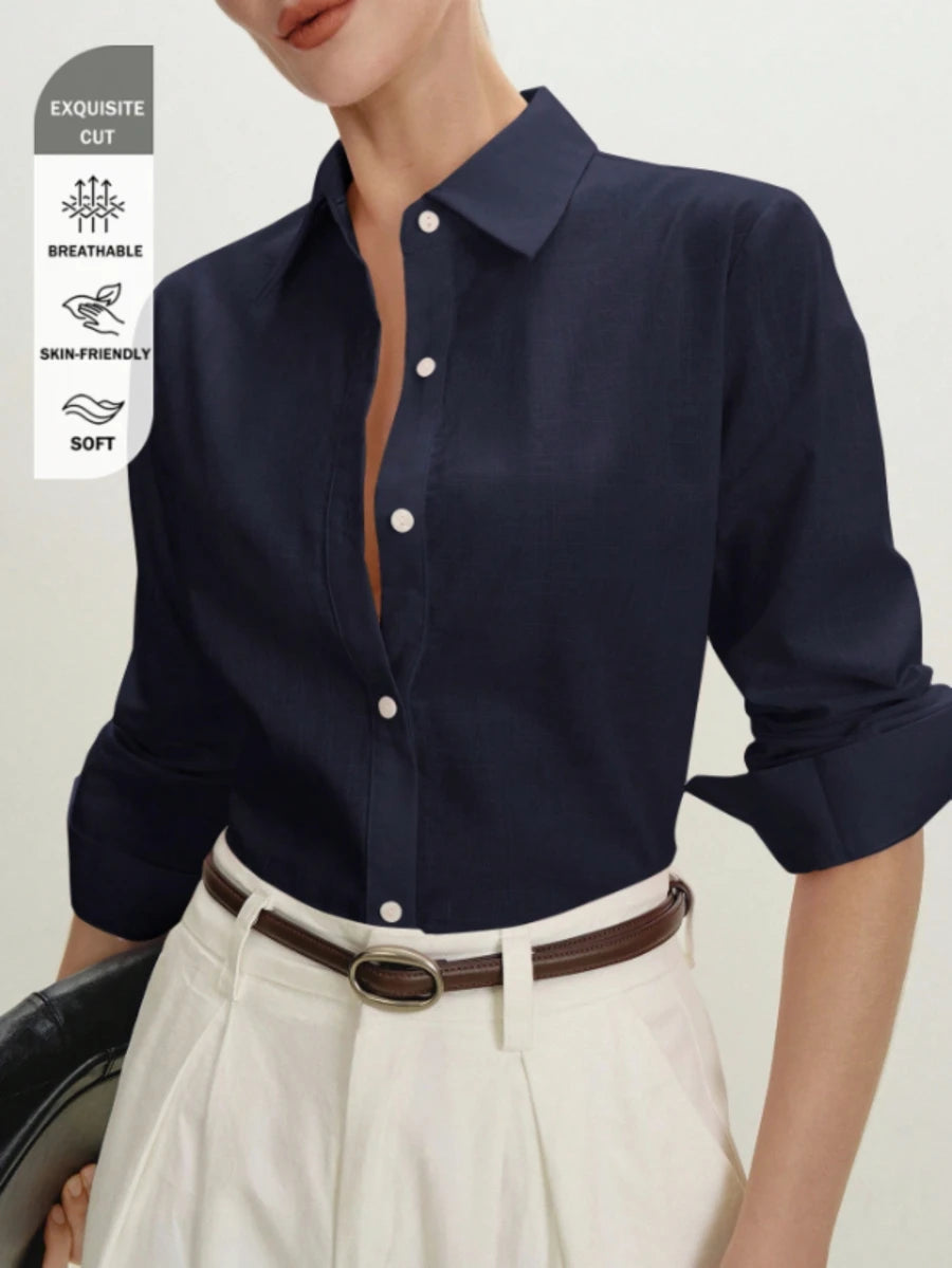 Arabella Classic Collared Button Down Long Sleeve Cotton Shirt - Navy Blue