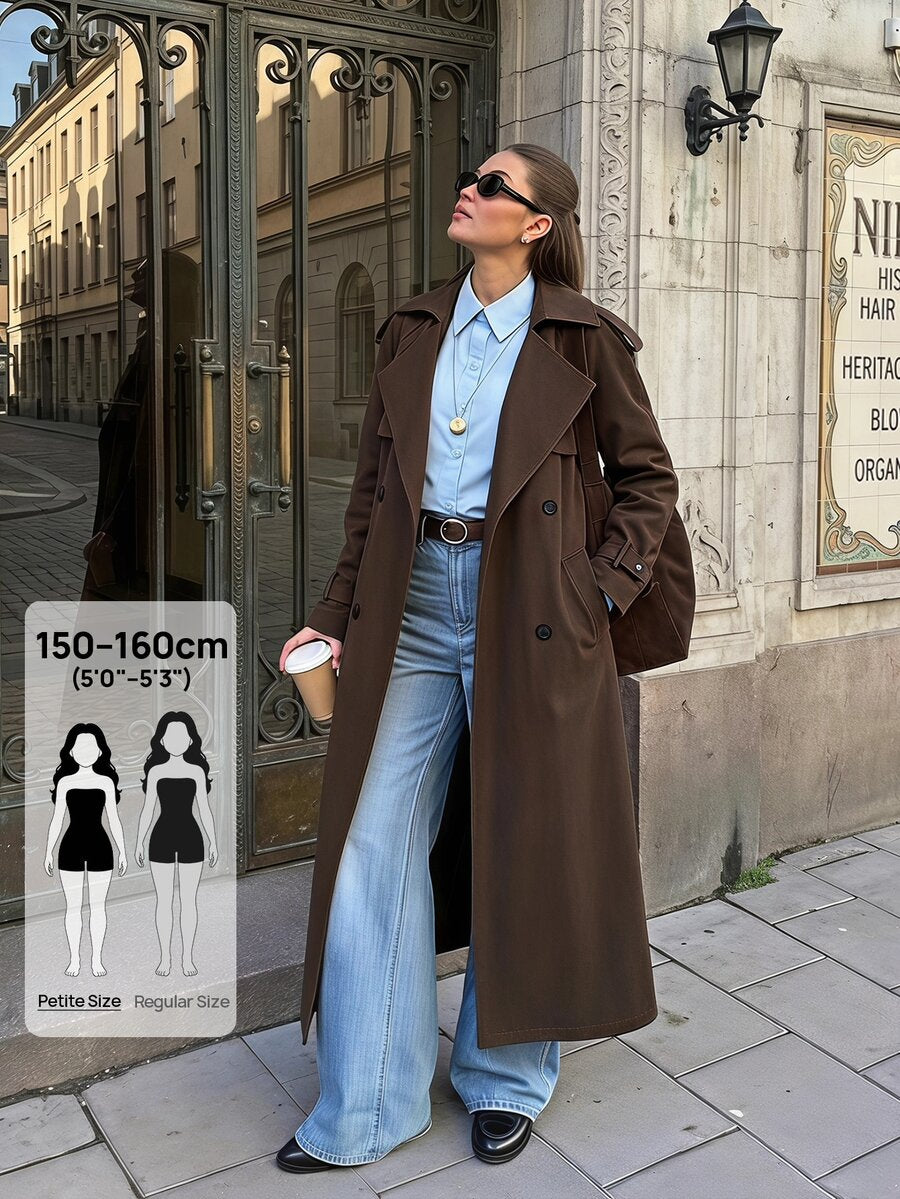 Madeleine Relaxed Double-Breasted Belted Long Trench Coat - Dark Brown