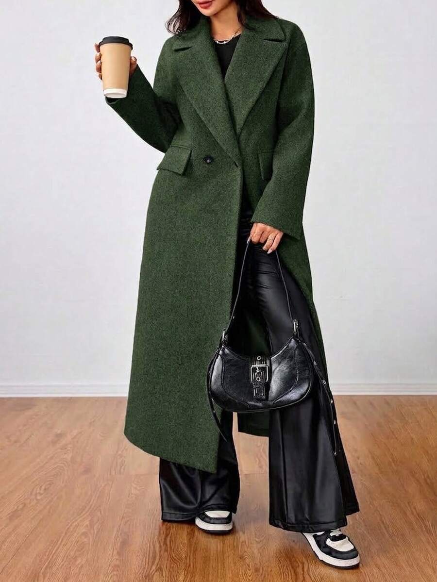 Jolie Oversized Double Breasted Long Coat with Lapel Collar - Forest Green