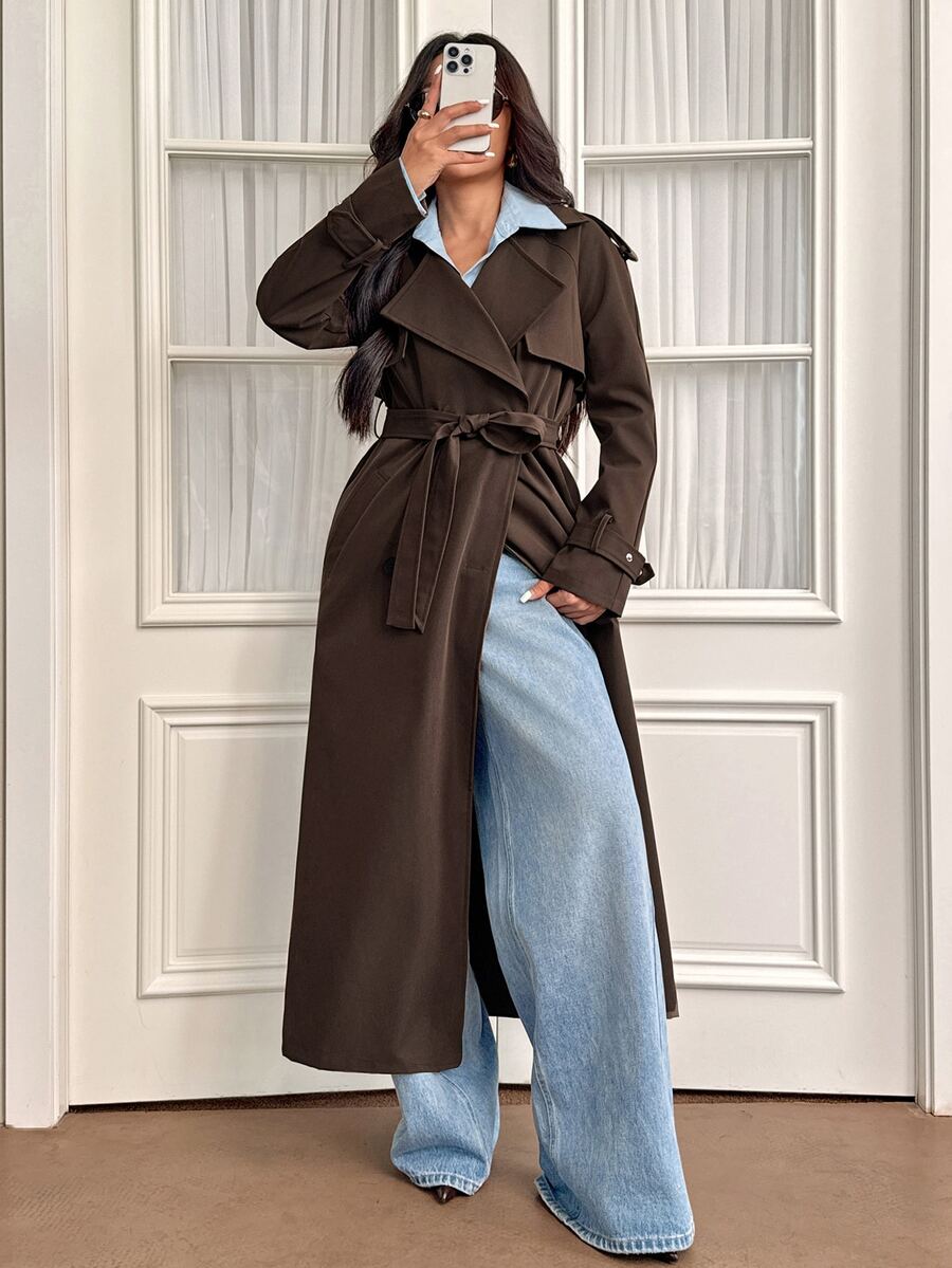 Madeleine Relaxed Double-Breasted Belted Long Trench Coat - Dark Brown