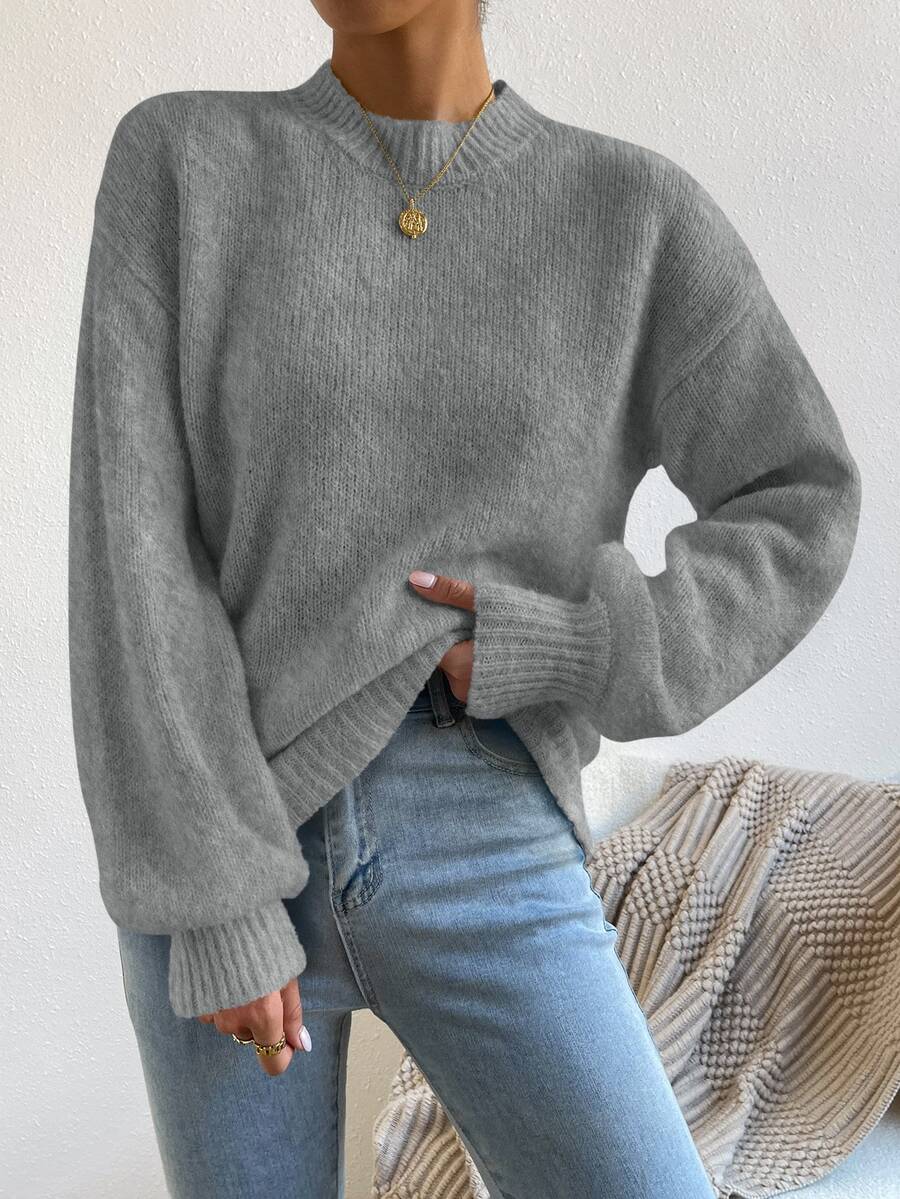 Viola Relaxed Mock Neck Sweater with Drop Shoulders - Charcoal Grey
