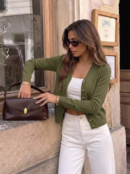 Georgiana Slim Ribbed V-Neck Button Front Knit Cardigan - Army Green