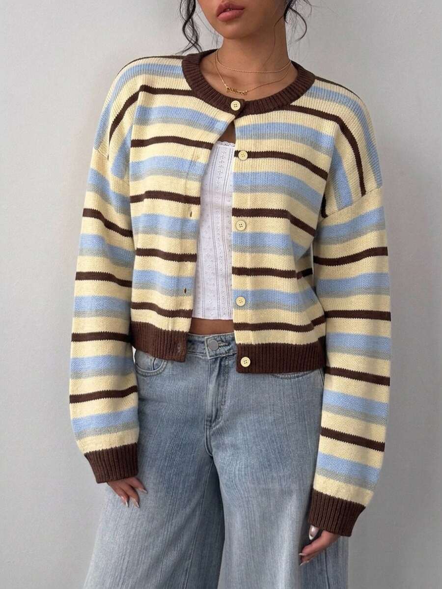 Elowen Round Neck Cropped Cardigan - Brown