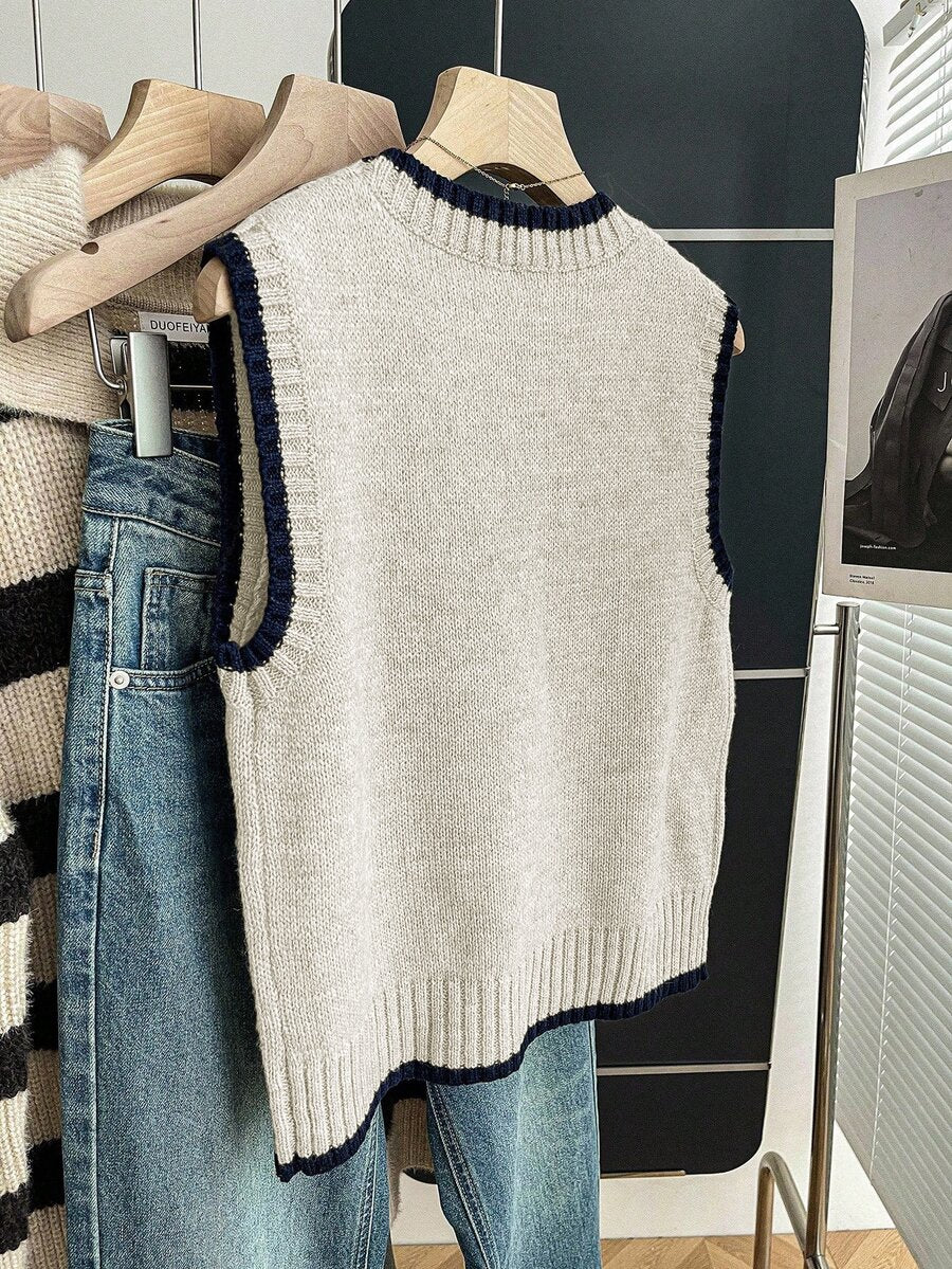 Beatrice Contrast Trim Sleeveless Knit Sweater Vest - Oatmeal with Navy Trim