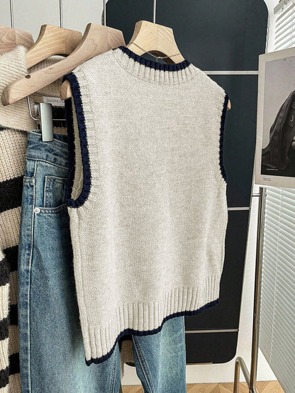 Beatrice Contrast Trim Sleeveless Knit Sweater Vest - Oatmeal with Navy Trim