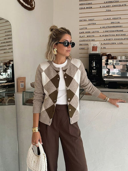 Liliane Plaid Knit Crew Neck Button Front Cardigan - Multicolor