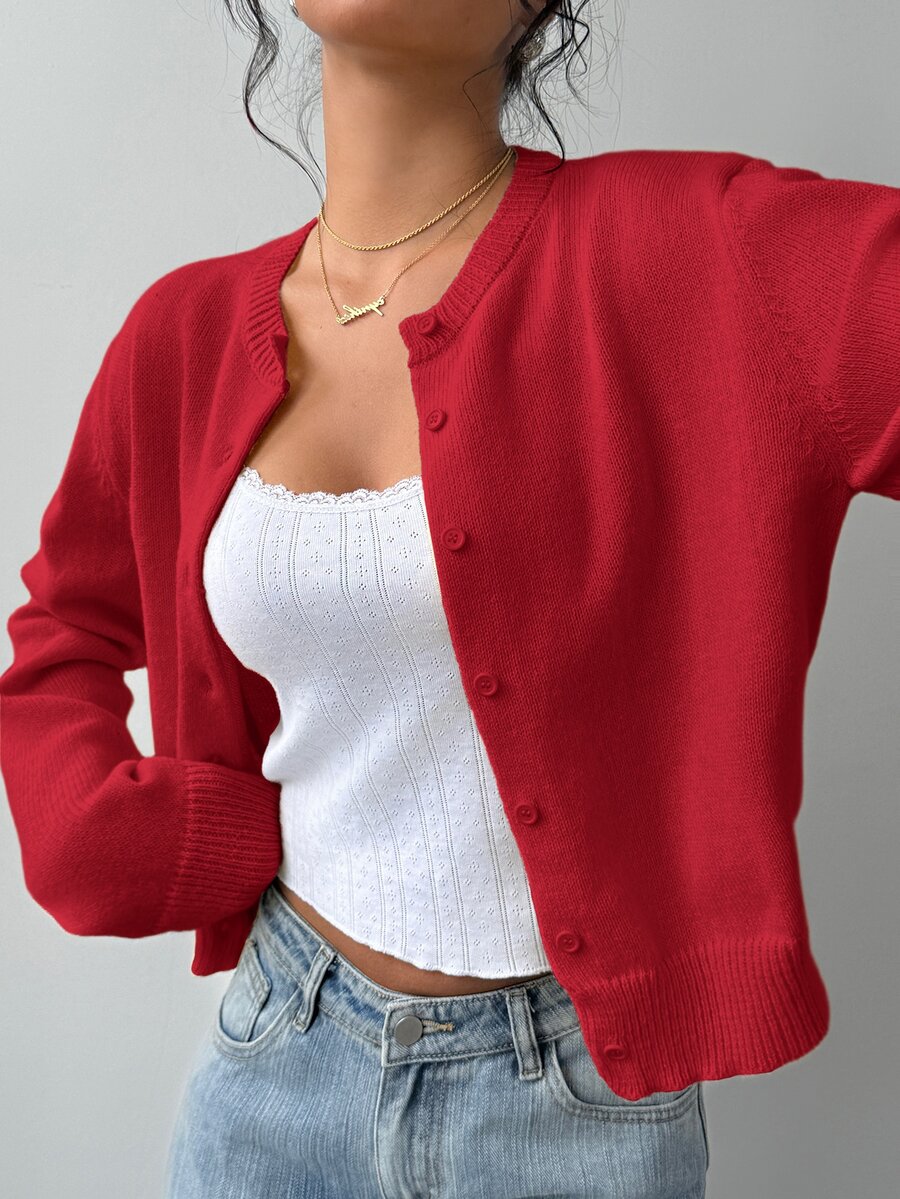 Elowen Round Neck Cropped Cardigan - Burgundy