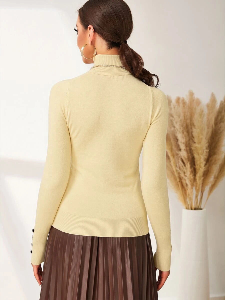Leuven Ribbed Mock Neck Fitted Sweater with Button Cuffs