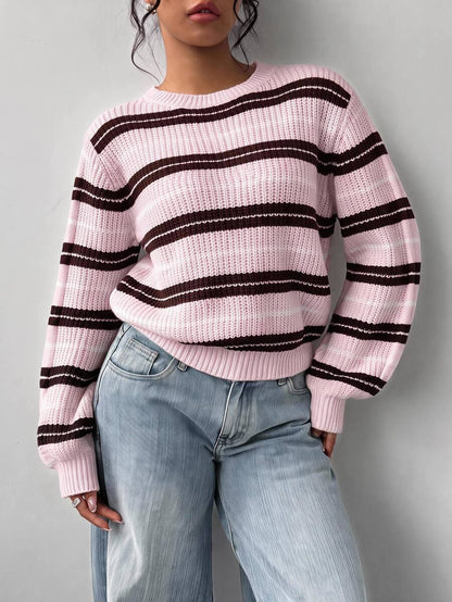 Aurelia Chunky Waffle Knit Crew Neck Relaxed Sweater - Pink Brown Stripe