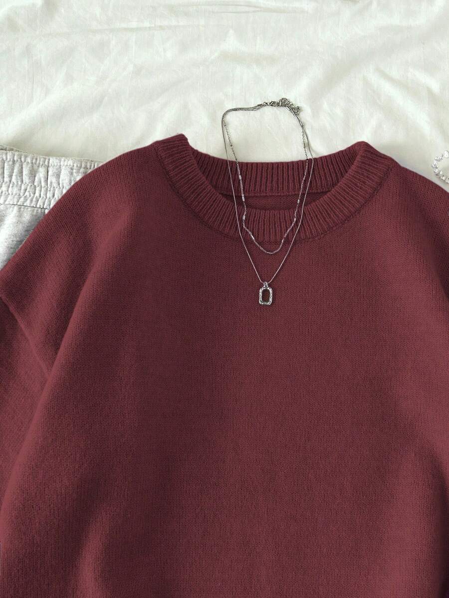 Women's Oversized Crew Neck Pullover Sweater, Relaxed Knit Sweater for Fall Winter - Dark Grey