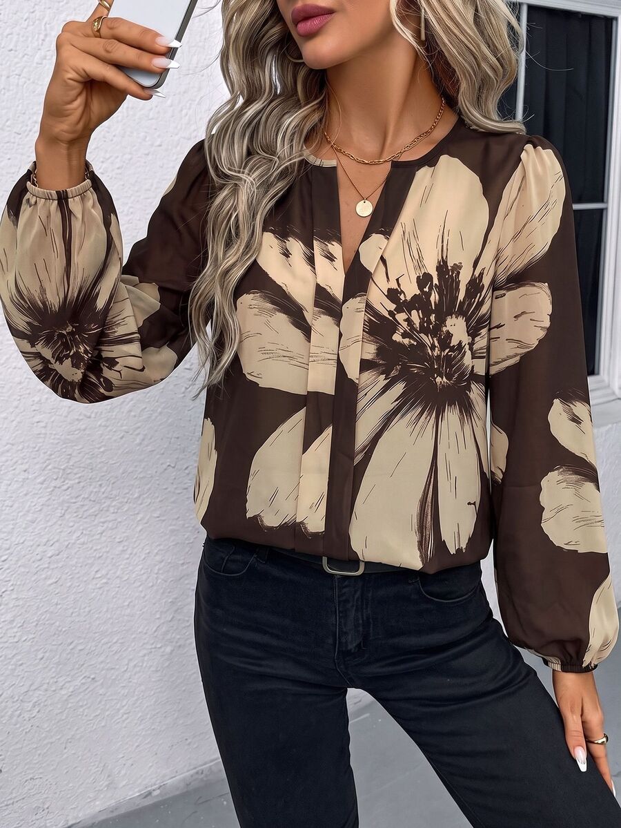 Nell Long Sleeve Blouse with Split V Neck and Lantern Sleeves - Brown Floral