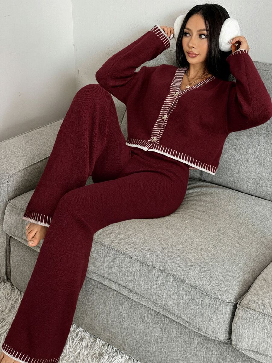 Domenica Contrast Trim Cropped Cardigan and Knit Pants Set - Burgundy