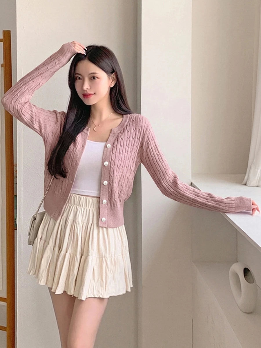 Women's Fitted V-Neck Button Front Cardigan, Twist Knit Sweater for Work and Fall - White