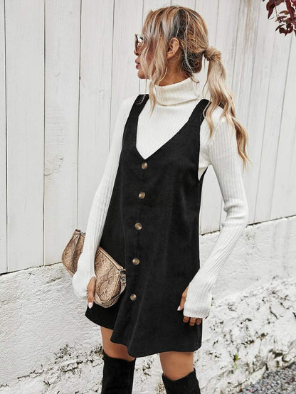 Ottilie Corduroy Button Front Pinafore Mini Dress - Black