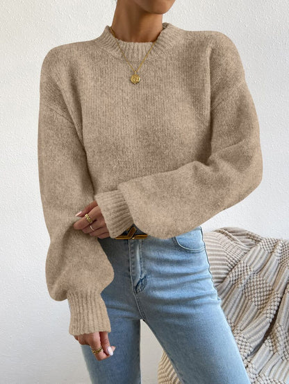 Viola Relaxed Mock Neck Sweater with Drop Shoulders - Camel