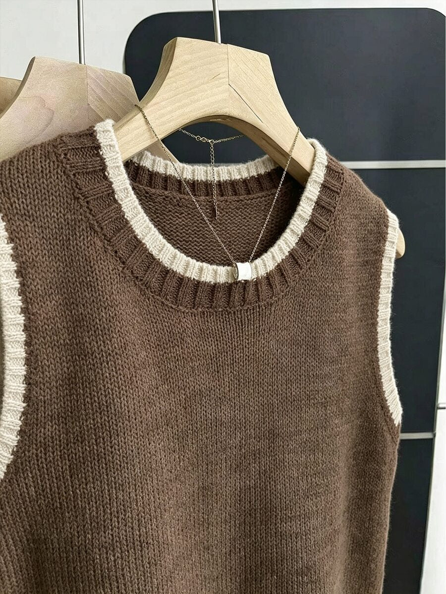 Beatrice Contrast Trim Sleeveless Knit Sweater Vest - Chocolate with Cream Trim
