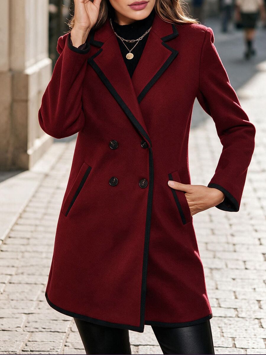 Aveline Double-Breasted Lapel Coat with Tailored Thigh-Length Cut - Dark Grey