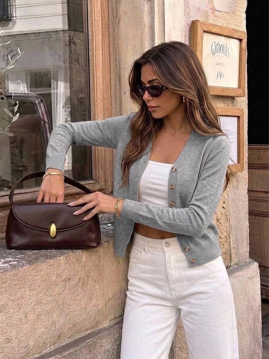 Georgiana Slim Ribbed V-Neck Button Front Knit Cardigan - Grey
