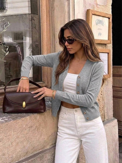 Georgiana Slim Ribbed V-Neck Button Front Knit Cardigan - Grey