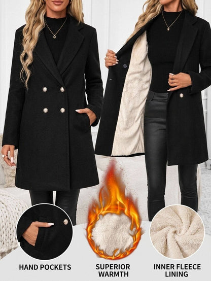 Aveline Double-Breasted Lapel Coat with Tailored Thigh-Length Cut - Multicolor