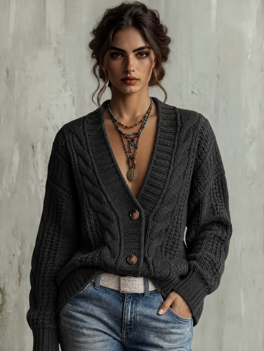 Adelaide Cable Knit Bishop Sleeve Cardigan - Beige
