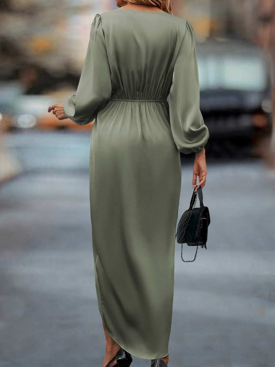 Bariloche Satin Wrap Maxi Dress with Lantern Sleeves