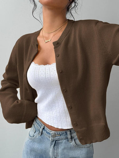 Elowen Round Neck Cropped Cardigan - Brown