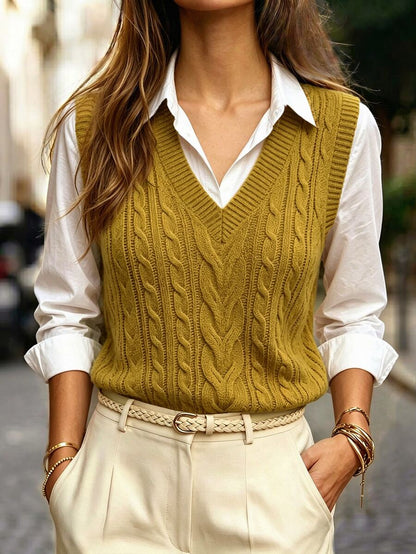 Winifred Classic Cable Knit V-Neck Sleeveless Sweater Vest - Mustard