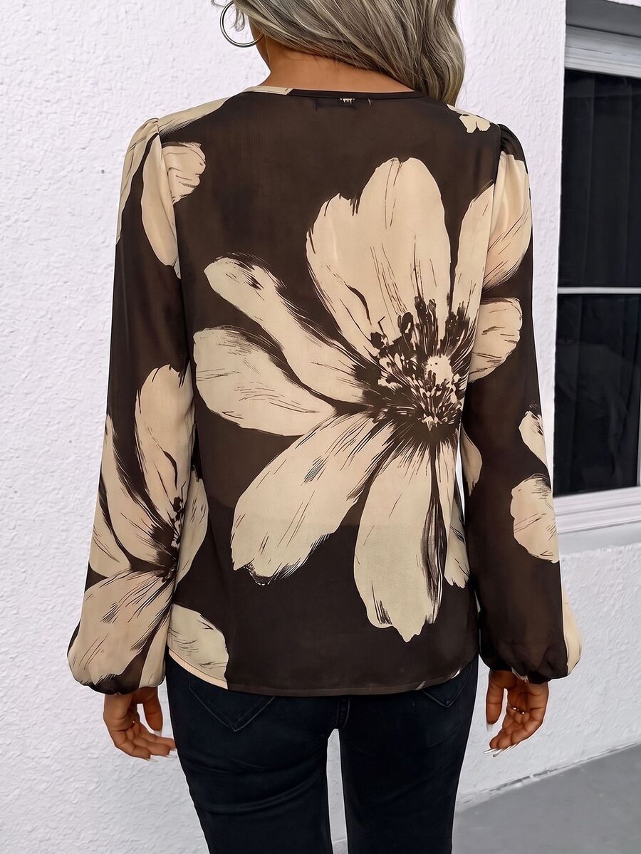 Nell Long Sleeve Blouse with Split V Neck and Lantern Sleeves - Brown Floral