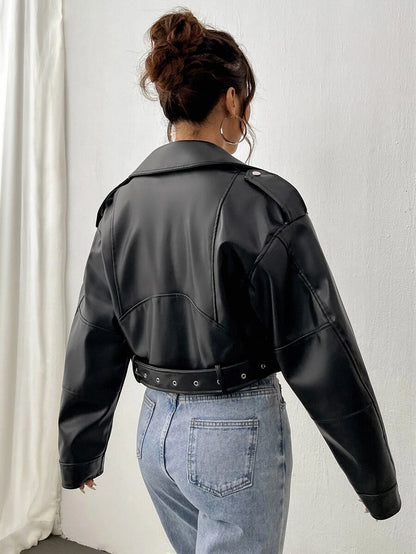 Kamloops Faux Leather Cropped Moto Jacket with Belted Hem