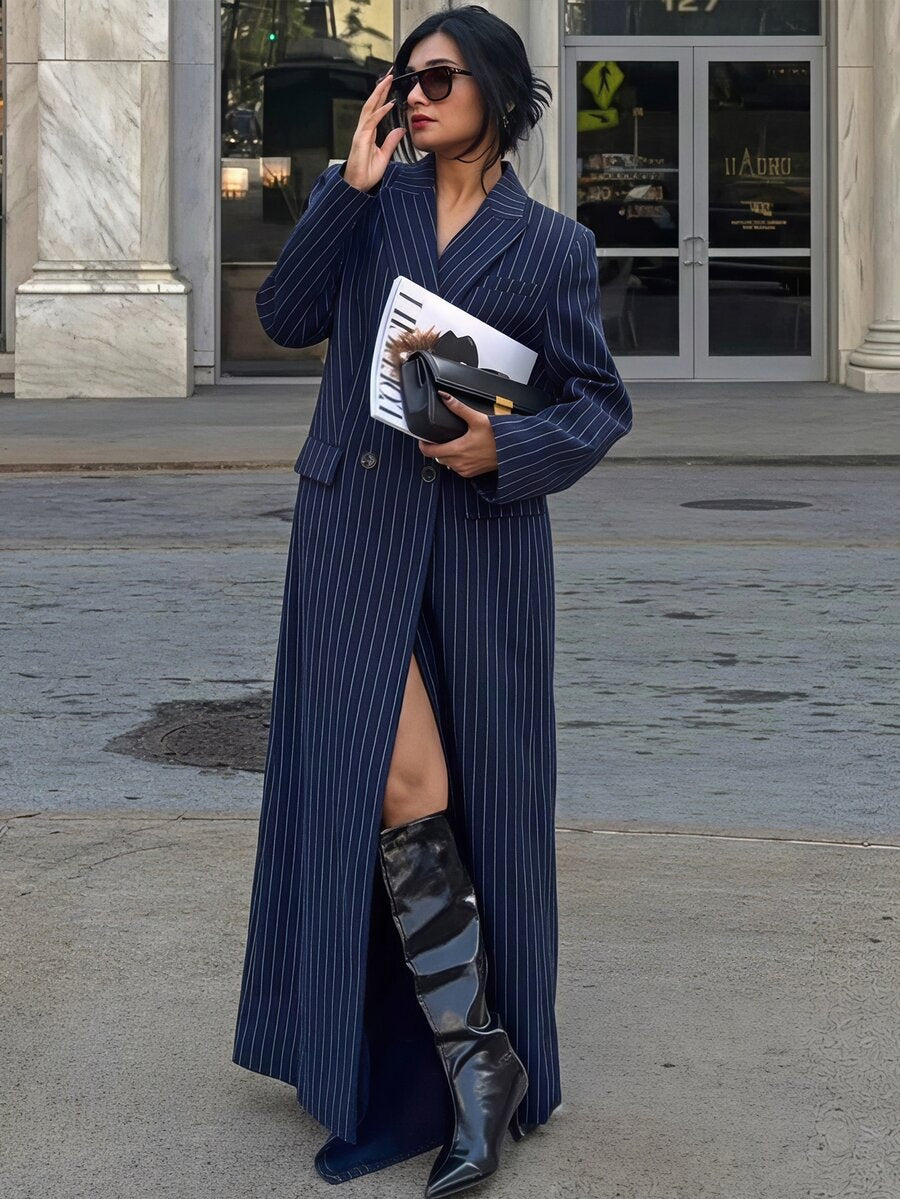 Delfina Double Breasted Herringbone Long Coat with Lapels - Navy Pinstripe