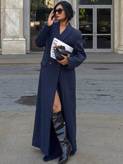 Delfina Double Breasted Herringbone Long Coat with Lapels - Navy Pinstripe