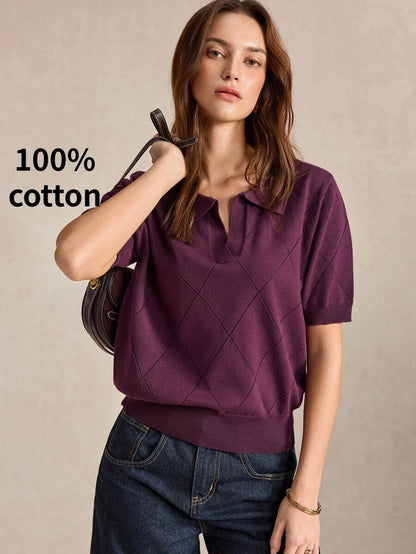 Tessa Avocado Green Polo Collar Diamond Knit Short Sleeve Sweater - Burgundy
