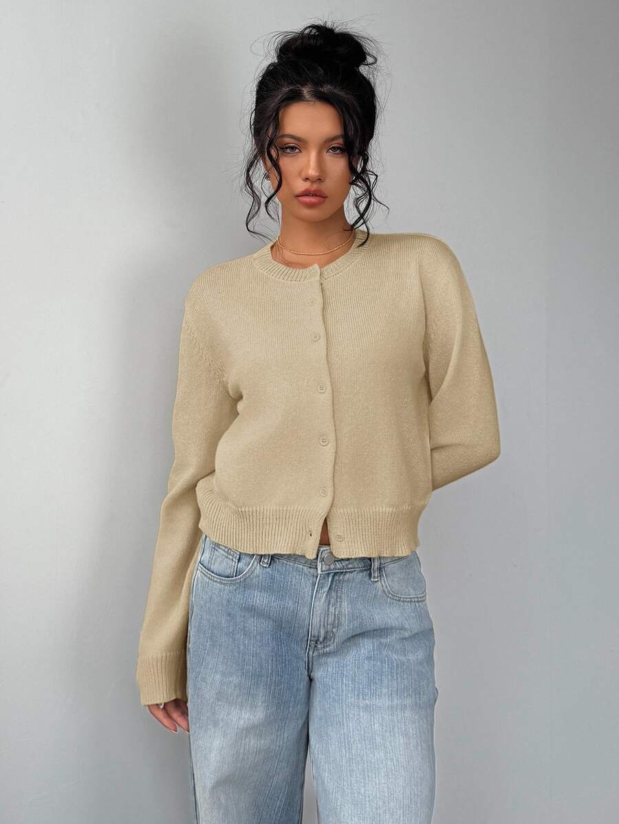 Elowen Round Neck Cropped Cardigan - Beige