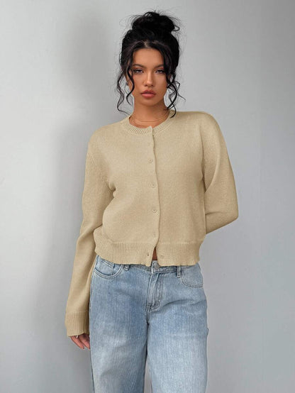 Elowen Round Neck Cropped Cardigan - Beige