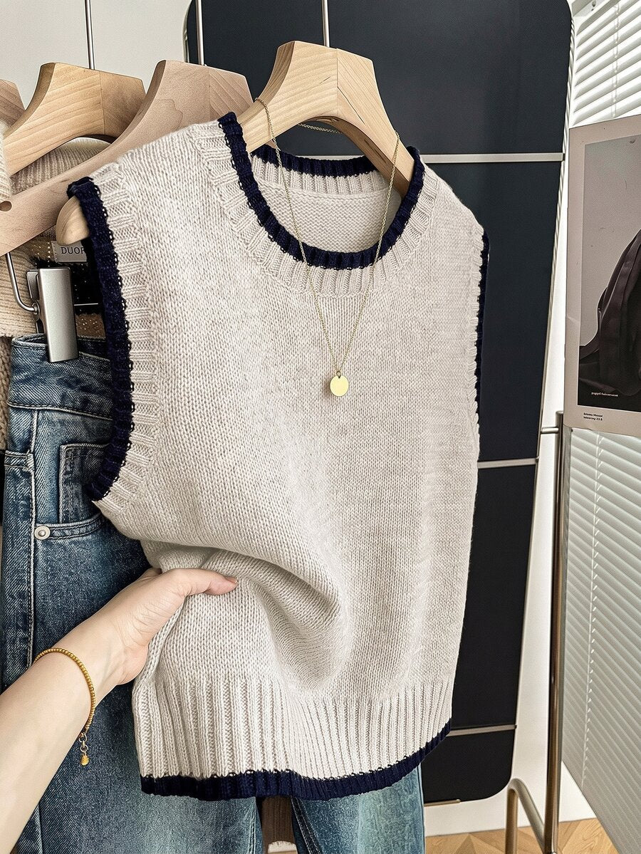 Beatrice Contrast Trim Sleeveless Knit Sweater Vest - Oatmeal with Navy Trim