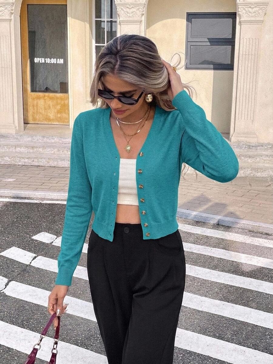 Georgiana Slim Ribbed V-Neck Button Front Knit Cardigan - Teal