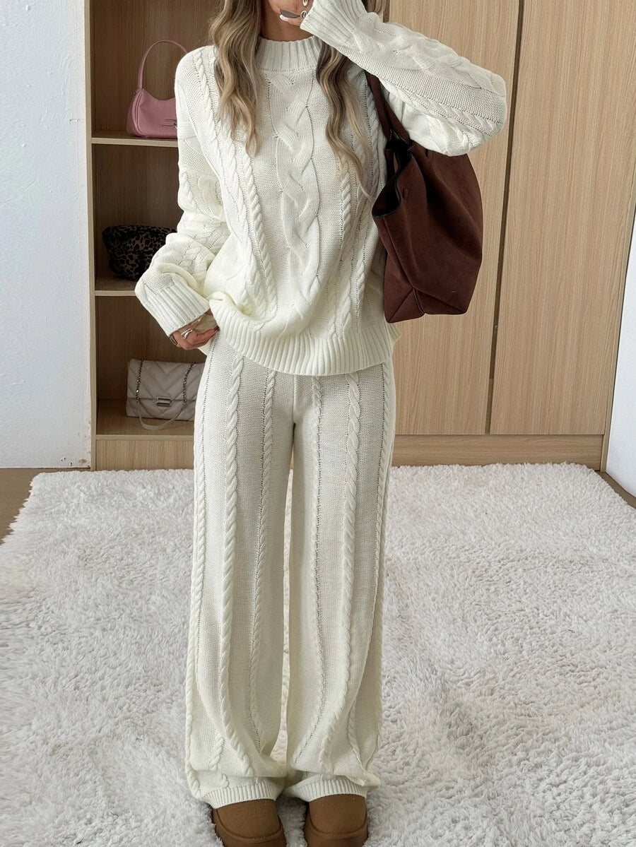 Ginevra 2 Piece Sweater Set Cable Knit Pullover and Wide Leg Pants - Ivory