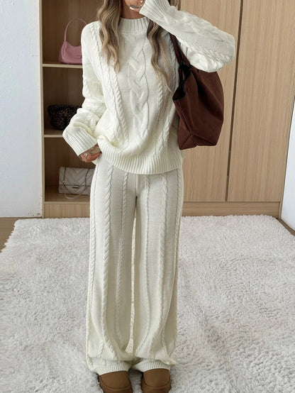 Ginevra 2 Piece Sweater Set Cable Knit Pullover and Wide Leg Pants - Ivory